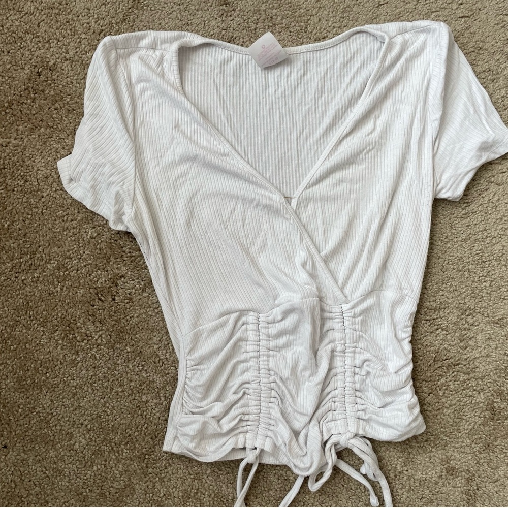 Women's White Ribbed Drawstring Wrap Top